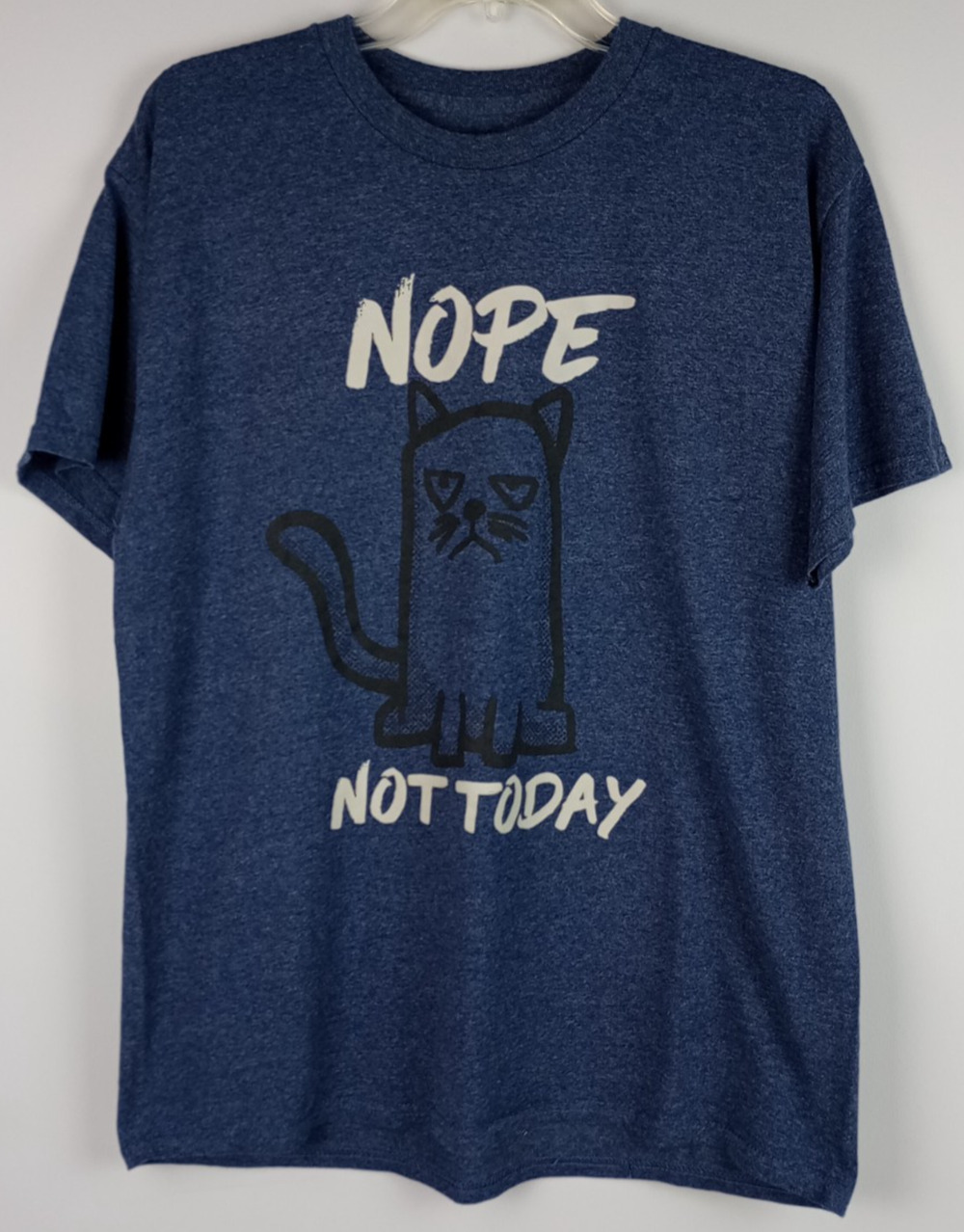 Mens L Blue Nope Not Today Grumpy Cartoon Cat Funny Graphic Tshirt